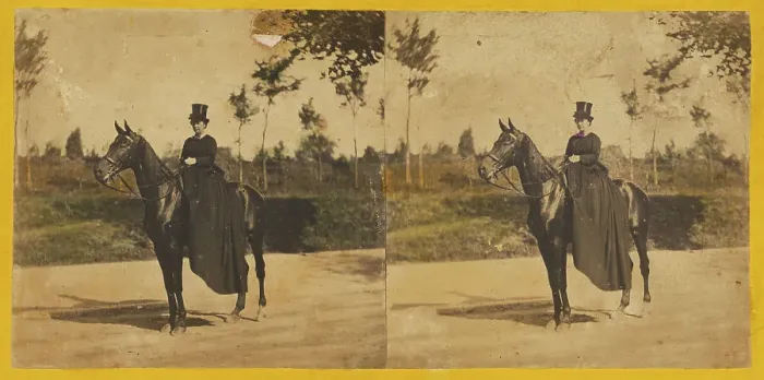 Framed Print : Woman with top hat on horseback, about 1860. Creator: Unknown Framed Print : Woman with top hat on horseback, about 1860. Creator: Unknown
