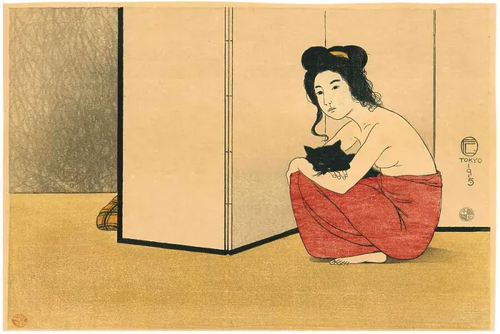Framed Print : Woman holding a black cat, 1915. Creator: Capelari, Friedrich (Fritz) (1884-1950) Framed Print : Woman holding a black cat, 1915. Creator: Capelari, Friedrich (Fritz) (1884-1950)