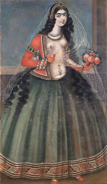Woman Holding A Bunch of Roses, Mid of the 19th cen.. Artist: Iranian master
