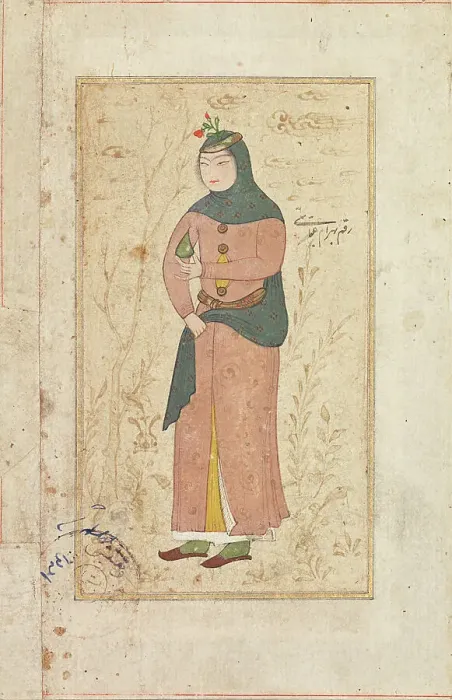 Framed Print : A woman holding out a fruit, c1500-1899. Creator: Bahram Abayati Framed Print : A woman holding out a fruit, c1500-1899. Creator: Bahram Abayati