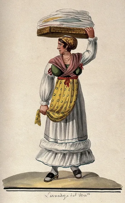Framed Print : A woman is holding a large flat basket of washing on her head. Creator: Unknown Framed Print : A woman is holding a large flat basket of washing on her head. Creator: Unknown
