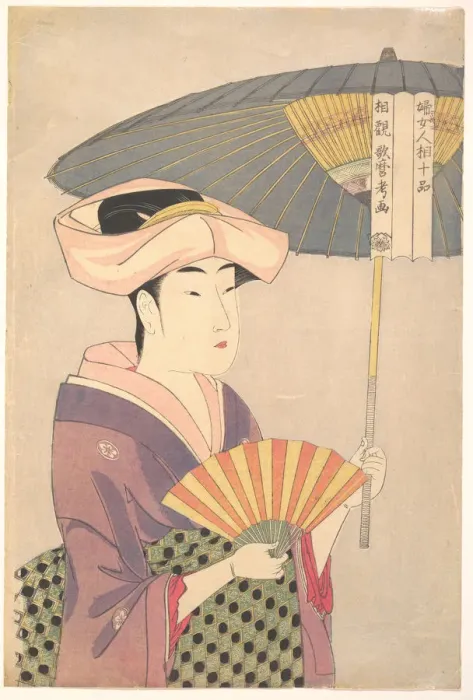 Framed Print : Woman Holding Up a Parasol, from the series Ten Types in the Physiognomic Study of Women, c. 1793. Artist: Utamaro, Kitagawa (1753-1806) Framed Print : Woman Holding Up a Parasol, from the series Ten Types in the Physiognomic Study of Women, c. 1793. Artist: Utamaro, Kitagawa (1753-1806)