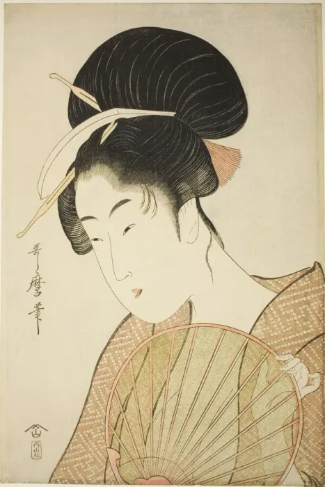 Framed Print : Woman Holding a Round Fan, Japan, c. 1797. Creator: Kitagawa Utamaro Framed Print : Woman Holding a Round Fan, Japan, c. 1797. Creator: Kitagawa Utamaro