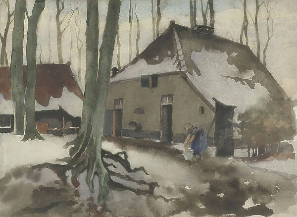 Woman in front of a house in a snowy forest, 1870-1923. Creator: Willem Witsen