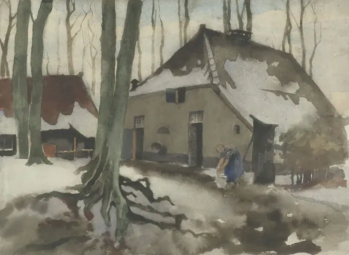 Framed Print : Woman in front of a house in a snowy forest, 1870-1923. Creator: Willem Witsen Framed Print : Woman in front of a house in a snowy forest, 1870-1923. Creator: Willem Witsen
