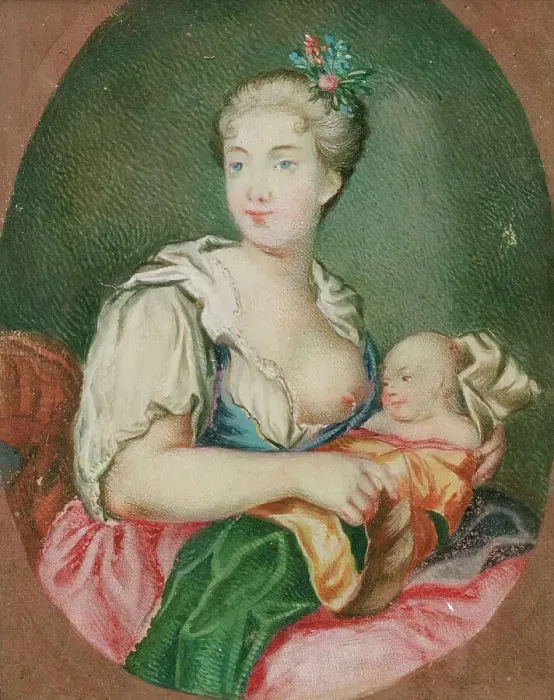 Framed Print : Woman with infant at her breast, c18th century. Creator: Unknown Framed Print : Woman with infant at her breast, c18th century. Creator: Unknown