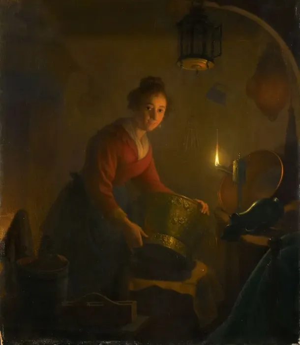 Framed Print : A Woman in a Kitchen by Candlelight, c.1830. Creator: Michiel Versteegh