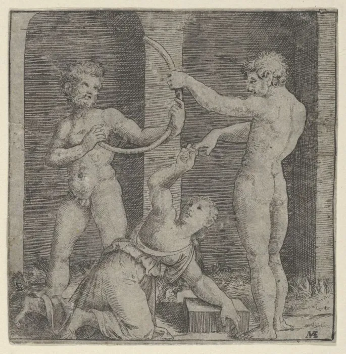 Framed Print : A woman kneeling at centre reaching up with her right hand to place a ring on the f... ca. 1510-27. Creator: Marcantonio Raimondi Framed Print : A woman kneeling at centre reaching up with her right hand to place a ring on the f... ca. 1510-27. Creator: Marcantonio Raimondi