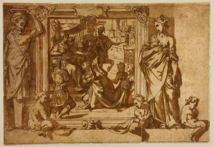 Framed Print : Woman Kneeling Before a Ruler, 1566-67. Creator: Federico Zuccaro Framed Print : Woman Kneeling Before a Ruler, 1566-67. Creator: Federico Zuccaro