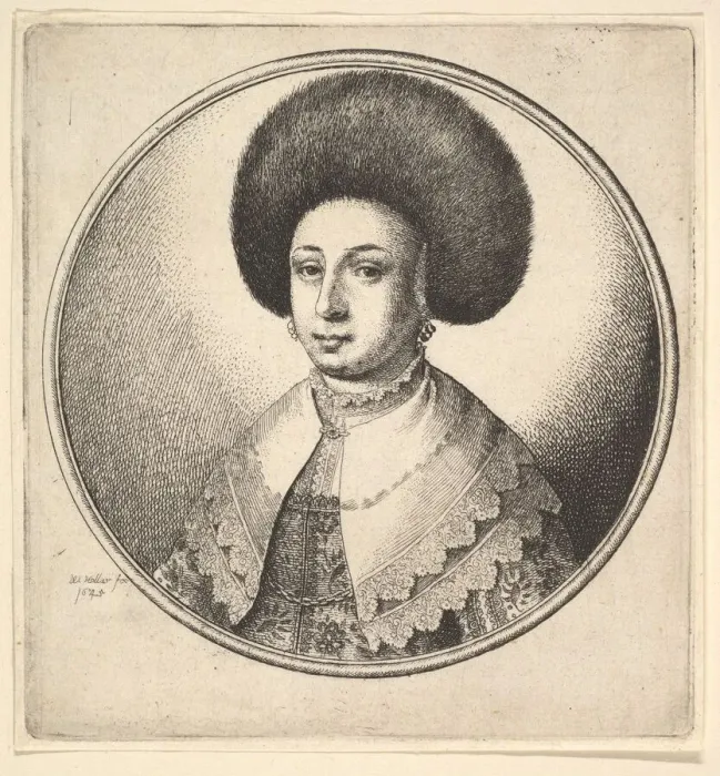 Framed Print : Woman with large circular fur hat and earrings, 1645. Creator: Wenceslaus Hollar Framed Print : Woman with large circular fur hat and earrings, 1645. Creator: Wenceslaus Hollar