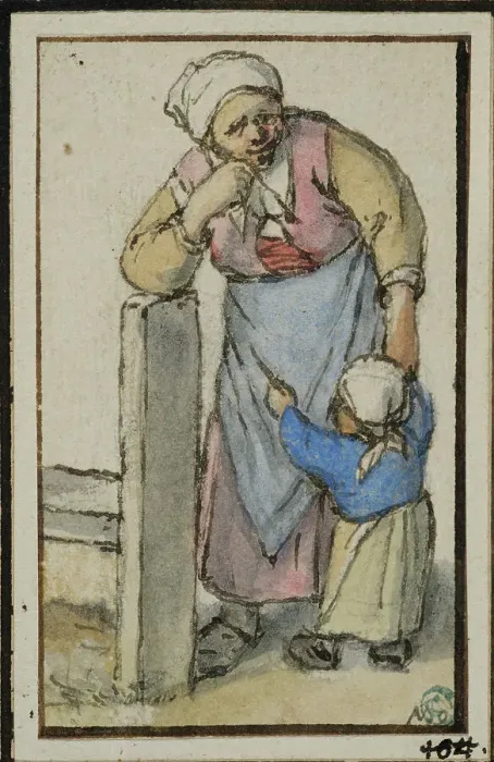 Framed Print : Woman leaning against a post, with a small child. Creator: Adriaen van Ostade Framed Print : Woman leaning against a post, with a small child. Creator: Adriaen van Ostade
