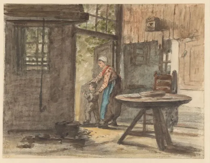 Framed Print : Woman lets boy go outside, 1836-1896. Creator: Hendrik Valkenburg Framed Print : Woman lets boy go outside, 1836-1896. Creator: Hendrik Valkenburg