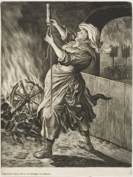 Framed Print : Woman Lighting a Rocket, also called Peace Gets Me Going, from Communia... 1695. Creator: Cornelis Dusart Framed Print : Woman Lighting a Rocket, also called Peace Gets Me Going, from Communia... 1695. Creator: Cornelis Dusart