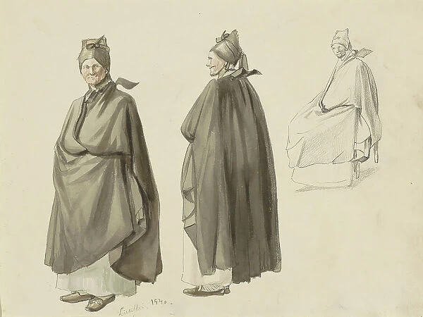 Woman in a long cloak and hood, seen from different views, 1840. Creator: Johannes Tavenraat