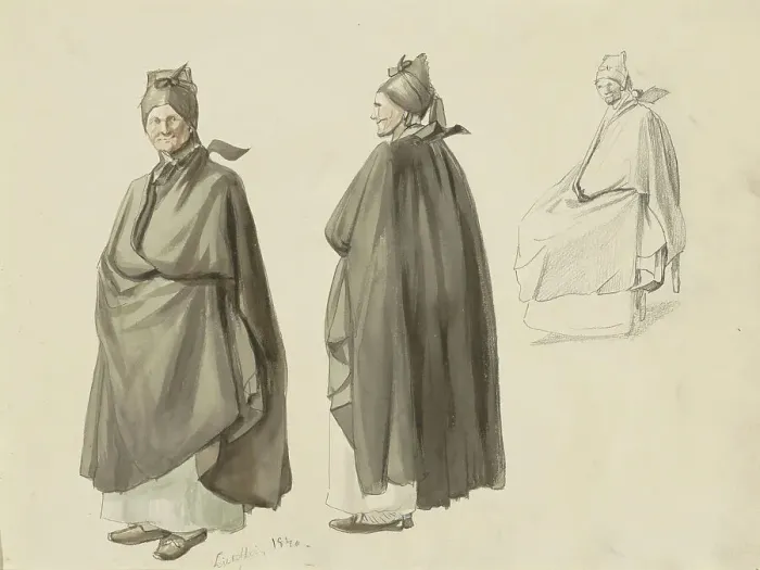 Framed Print : Woman in a long cloak and hood, seen from different views, 1840. Creator: Johannes Tavenraat Framed Print : Woman in a long cloak and hood, seen from different views, 1840. Creator: Johannes Tavenraat