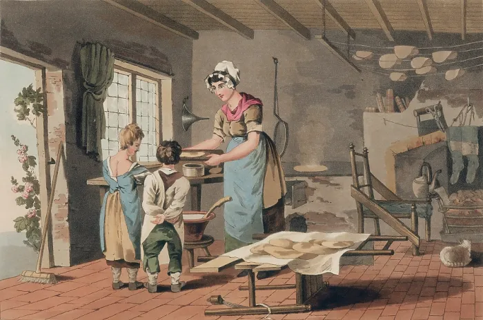 Framed Print : A woman making oat cakes, 1814. Creator: Havell & Son Framed Print : A woman making oat cakes, 1814. Creator: Havell & Son