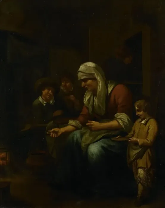 Framed Print : Woman making pancakes, 1670-1709. Creator: Bernardus van Schijndel Framed Print : Woman making pancakes, 1670-1709. Creator: Bernardus van Schijndel
