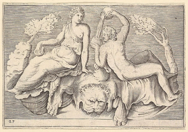 Woman and Man Seated on Lionskin, Man Pouring Wine, published ca. 1599-1622