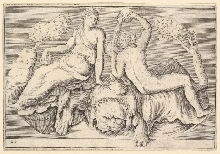 Framed Print : Woman and Man Seated on Lionskin, Man Pouring Wine, published ca. 1599-1622 Framed Print : Woman and Man Seated on Lionskin, Man Pouring Wine, published ca. 1599-1622