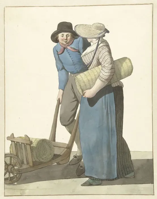 Framed Print : Woman next to a man with a wheelbarrow, 1700-1800. Creator: W. Barthautz Framed Print : Woman next to a man with a wheelbarrow, 1700-1800. Creator: W. Barthautz