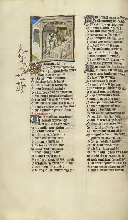 Framed Print : A Woman Meeting with Her Lover while Her Husband Sleeps, about 1405. Creator: Unknown Framed Print : A Woman Meeting with Her Lover while Her Husband Sleeps, about 1405. Creator: Unknown