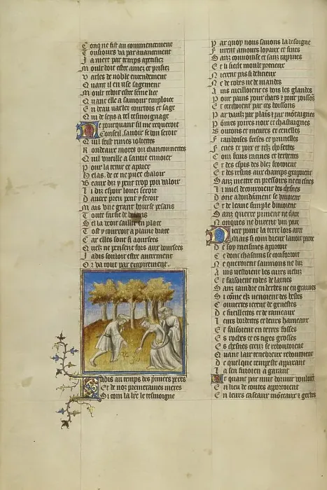 Framed Print : A Woman and Two Men Eating Fruit; Roman de la Rose, about 1405. Creator: Unknown Framed Print : A Woman and Two Men Eating Fruit; Roman de la Rose, about 1405. Creator: Unknown