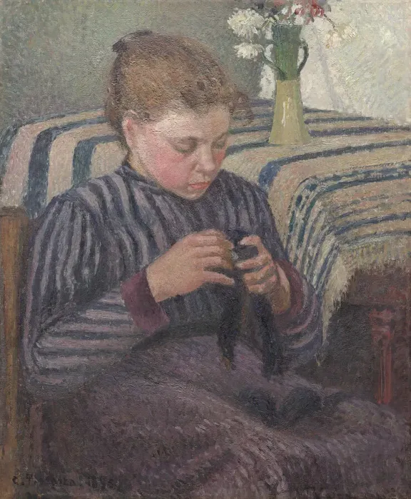 Framed Print : Woman Mending, 1895. Creator: Camille Pissarro Framed Print : Woman Mending, 1895. Creator: Camille Pissarro