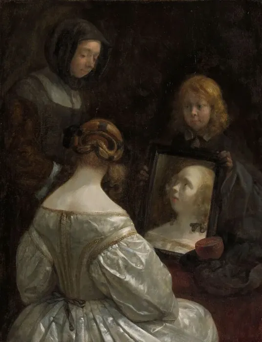 Framed Print : Woman at a Mirror, c.1652. Creator: Gerard Terborch II Framed Print : Woman at a Mirror, c.1652. Creator: Gerard Terborch II