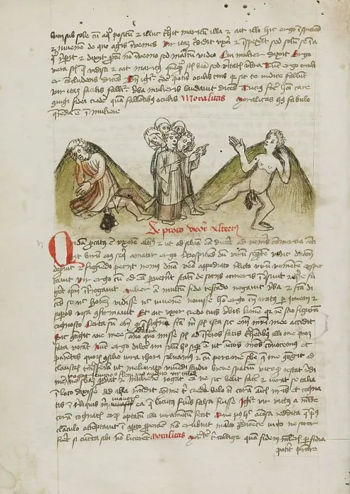 Framed Print : A Woman and a Nude Man and a Cleric Speaking to the Man; Fables, third quarter of 15th century. Creator: Unknown Framed Print : A Woman and a Nude Man and a Cleric Speaking to the Man; Fables, third quarter of 15th century. Creator: Unknown