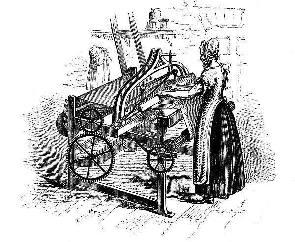 Woman operating a power loom for weaving cotton, c1840