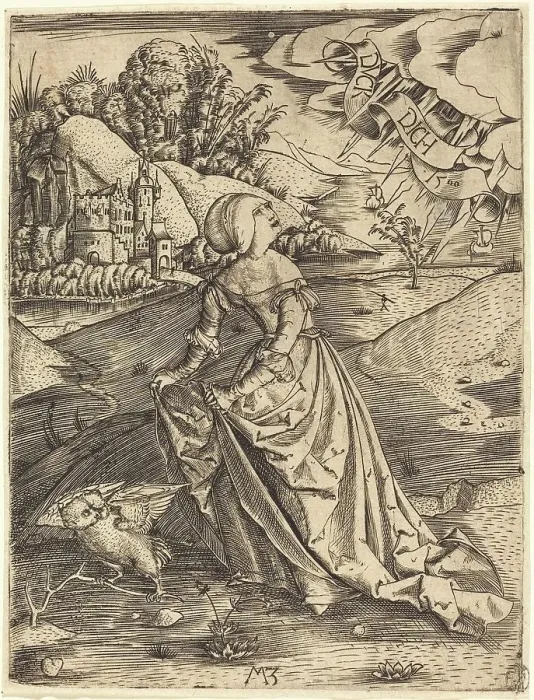 Framed Print : Woman with the Owl, 1500. Creator: Master MZ Framed Print : Woman with the Owl, 1500. Creator: Master MZ