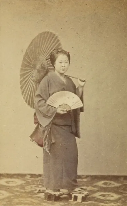 Framed Print : Woman with parasol and fan, about 1868. Creator: Felice Beato Framed Print : Woman with parasol and fan, about 1868. Creator: Felice Beato