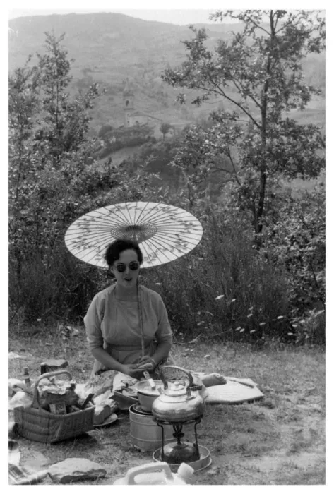 Framed Print : Woman under a parasol having a picnic, c1950-1969(?) Framed Print : Woman under a parasol having a picnic, c1950-1969(?)