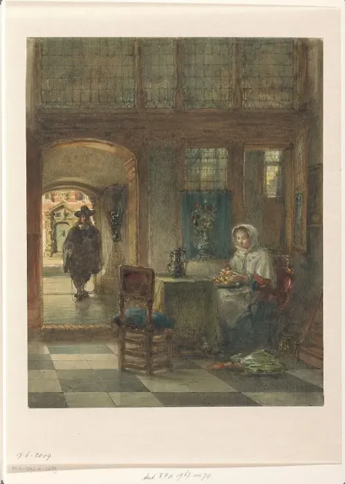 Framed Print : Woman peeling apples, and a man in the hallway, 1831-1892. Creator: Johannes Anthonie Balthasar Stroebel Framed Print : Woman peeling apples, and a man in the hallway, 1831-1892. Creator: Johannes Anthonie Balthasar Stroebel