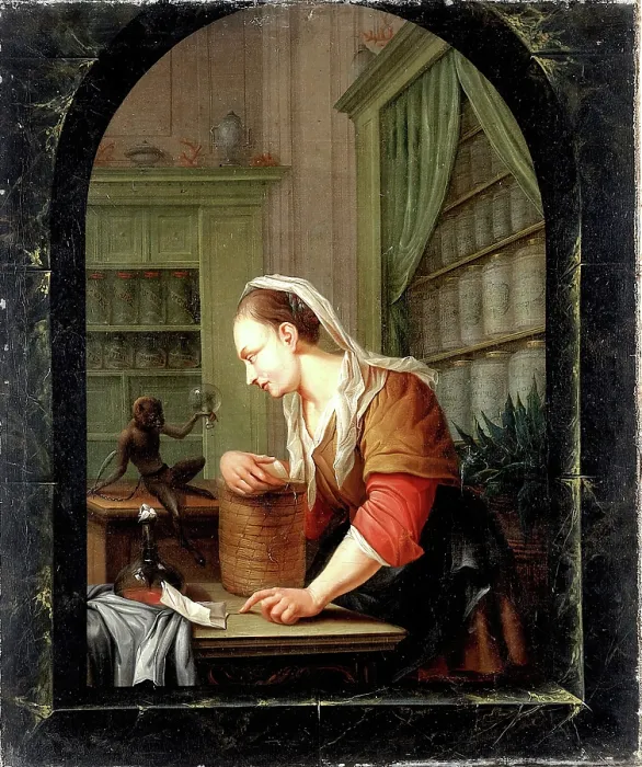 Framed Print : A woman in a pharmacy with a urine flask and a monkey holding an empty flask at a casement, 1780. Creator: Jacob Toorenvliet Framed Print : A woman in a pharmacy with a urine flask and a monkey holding an empty flask at a casement, 1780. Creator: Jacob Toorenvliet