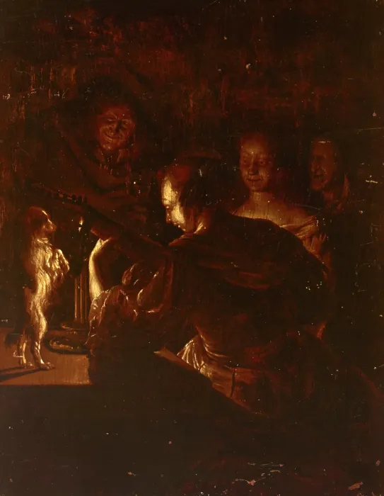 Framed Print : Woman Playing the Guitar and a Small Dog Dancing, 2nd half of 17th century. Creator: Unknown Framed Print : Woman Playing the Guitar and a Small Dog Dancing, 2nd half of 17th century. Creator: Unknown