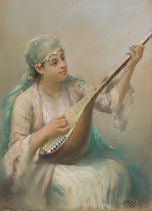 Framed Print : Woman Playing a Lute. Artist: Zonaro, Fausto (1854-1929) Framed Print : Woman Playing a Lute. Artist: Zonaro, Fausto (1854-1929)