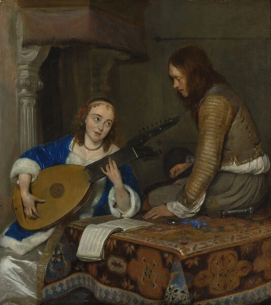 A Woman Playing the Theorbo-Lute and a Cavalier, ca. 1658. Creator: Gerard Terborch II