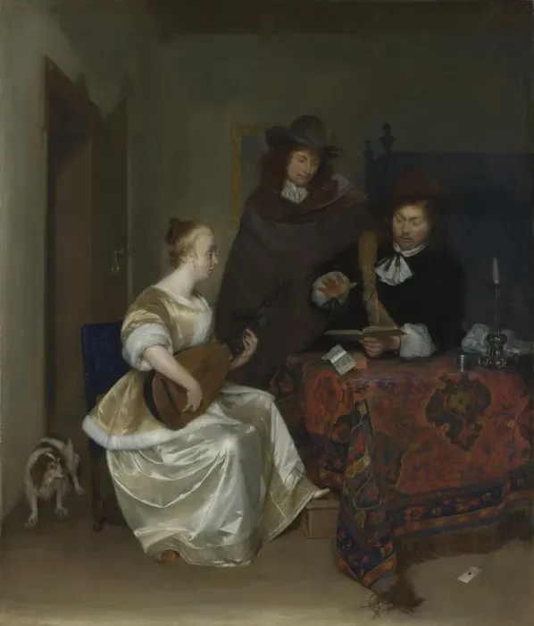 Framed Print : A Woman playing a Theorbo to Two Men, ca 1668. Artist: Ter Borch, Gerard, the Younger (1617-1681) Framed Print : A Woman playing a Theorbo to Two Men, ca 1668. Artist: Ter Borch, Gerard, the Younger (1617-1681)