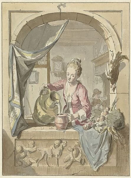 Woman pours milk from a jug, in a window, 1748-1798. Creator: Willem Joseph Laquy