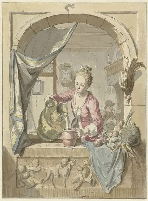 Framed Print : Woman pours milk from a jug, in a window, 1748-1798. Creator: Willem Joseph Laquy Framed Print : Woman pours milk from a jug, in a window, 1748-1798. Creator: Willem Joseph Laquy