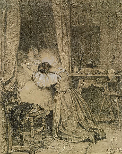 Woman Praying at a Deathbed, 1864. Creator: Benjamin Vautier