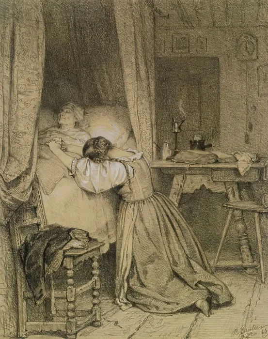 Framed Print : Woman Praying at a Deathbed, 1864. Creator: Benjamin Vautier Framed Print : Woman Praying at a Deathbed, 1864. Creator: Benjamin Vautier