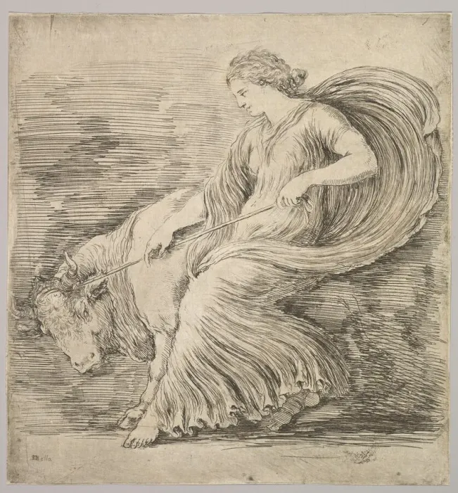 Framed Print : A woman in profile pulling back on a rope tied around the horns of a young bull, ca. 1660 Framed Print : A woman in profile pulling back on a rope tied around the horns of a young bull, ca. 1660