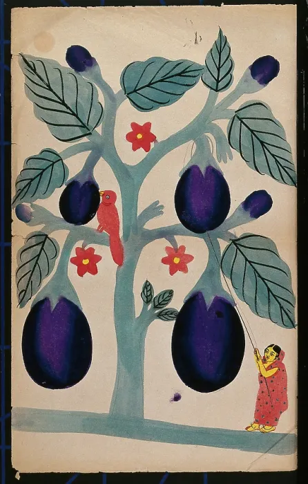 Framed Print : A woman pulling giant aubergines from a tree. Creator: Unknown