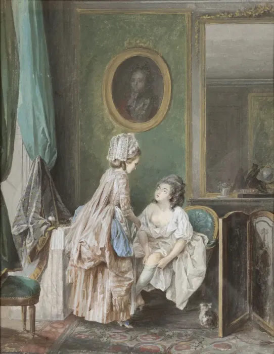 Framed Print : Woman pulling on her stocking, 1776
