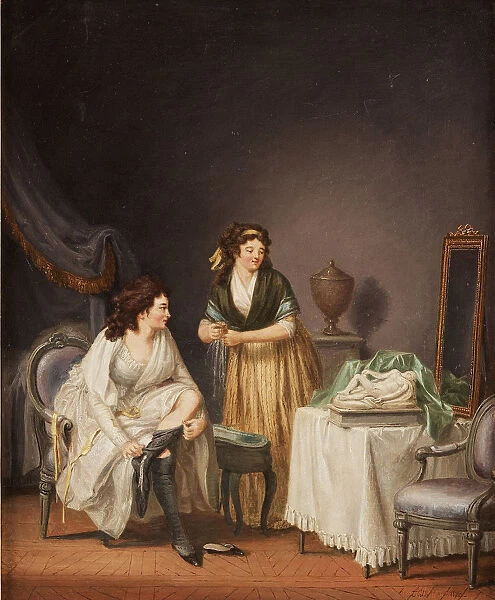 A woman pulling up her stocking, 1798