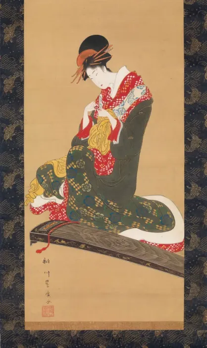 Framed Print : Woman Putting on Finger Plectrums to Play the Koto, early 19th century. Creator: Utagawa Toyohiro Framed Print : Woman Putting on Finger Plectrums to Play the Koto, early 19th century. Creator: Utagawa Toyohiro