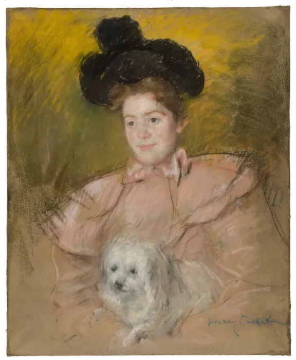 Framed Print : Woman in Raspberry Costume Holding a Dog, c. 1901. Creator: Mary Cassatt Framed Print : Woman in Raspberry Costume Holding a Dog, c. 1901. Creator: Mary Cassatt