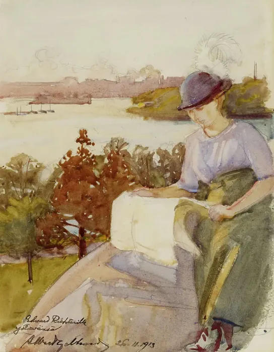 Framed Print : Woman Reading, 1913. Creator: Albert Gebhard Framed Print : Woman Reading, 1913. Creator: Albert Gebhard